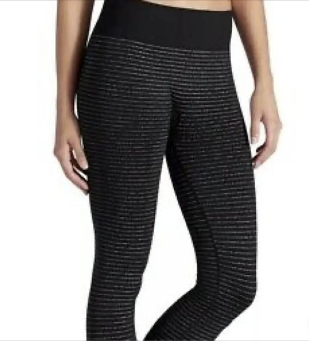 Athleta Black Silver Striped Yoga Workout Leggings Size Medium NEW without tags